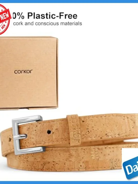 Slim 1 Inch Vegan Cork Belt with Nickel-Free Buckle, Size M - Picture 3 of 6